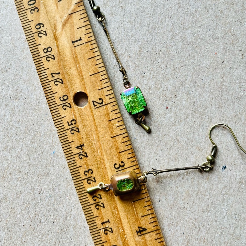 SOLD Peridot Green Crackle Glass Art Nouveau Earrings w a Glacier Blue Finish - Picture 4 of 15